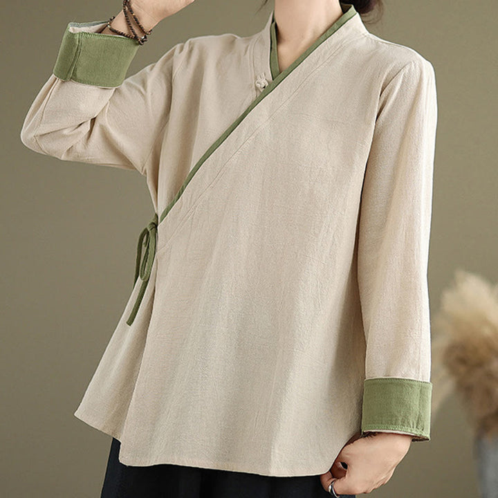 Buddha Stones Fall Solid Color Hanfu Long Sleeve Lace Up Women's Shirt - image 4