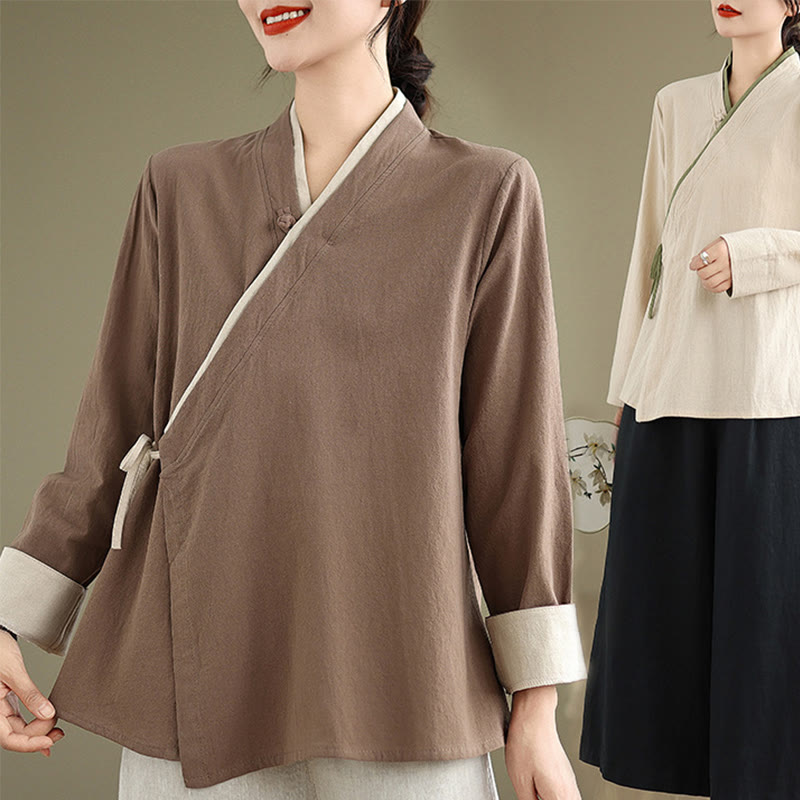 Buddha Stones Fall Solid Color Hanfu Long Sleeve Lace Up Women's Shirt - image 24