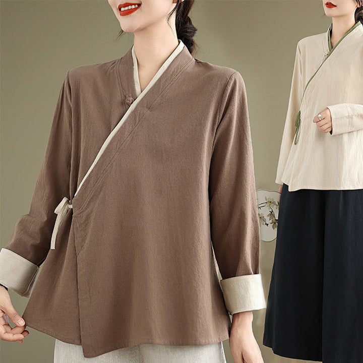 Buddha Stones Fall Solid Color Hanfu Long Sleeve Lace Up Women's Shirt - image 24