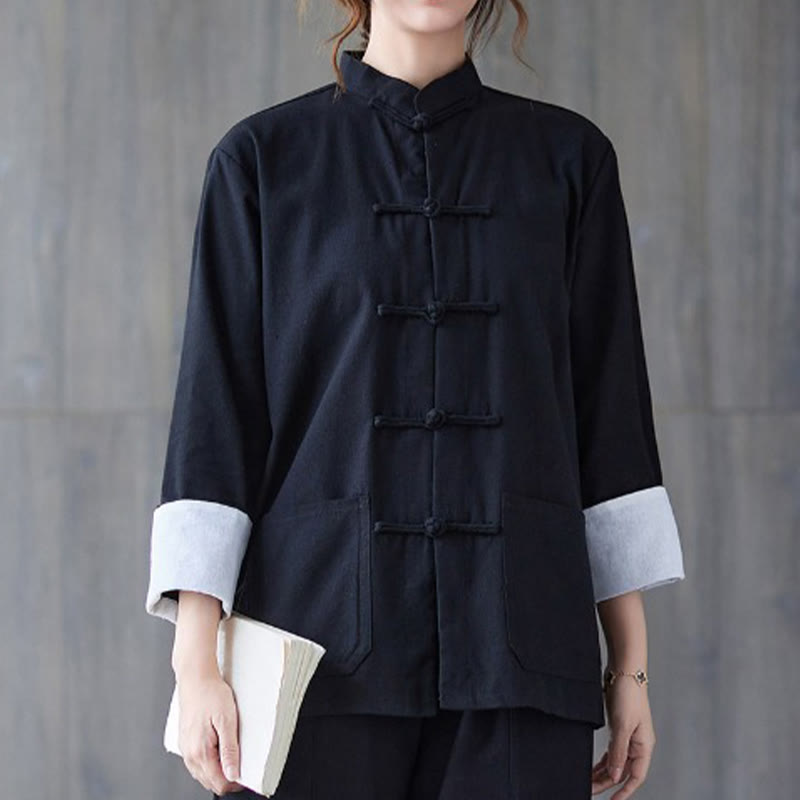 Buddha Stones Women's Frog-Button Long Sleeve Shirt Pants Meditation Clothing - Black Shirt - US8-10，UK/AU12-14，EU40-42 (2XL) - image 4