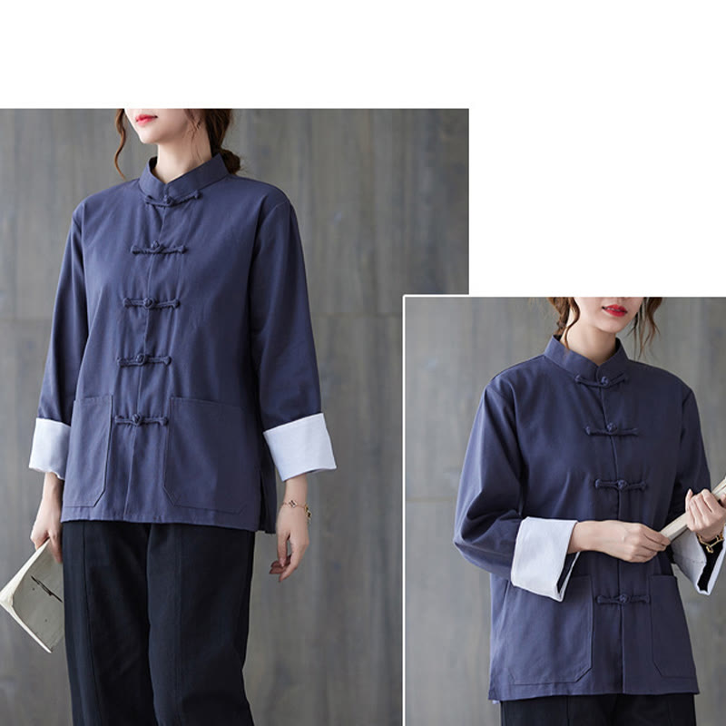 Buddha Stones Women's Frog-Button Long Sleeve Shirt Pants Meditation Cotton Linen Clothing