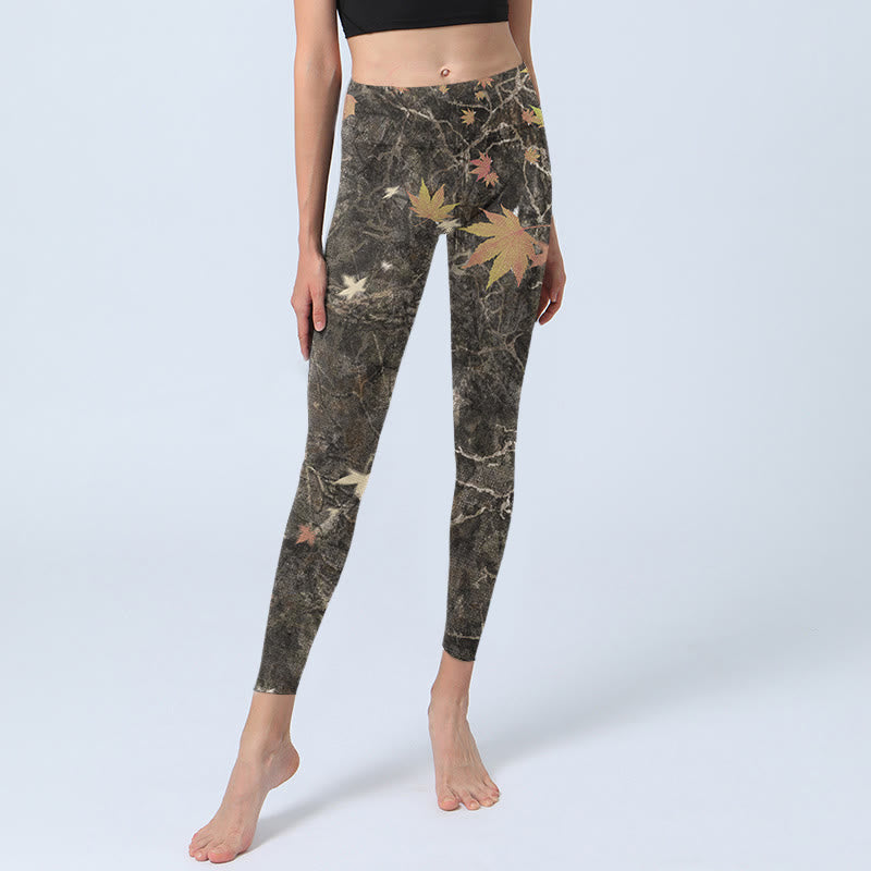 Buddha Stones Maple Leaves Print Gym Leggings Women's Yoga Pants