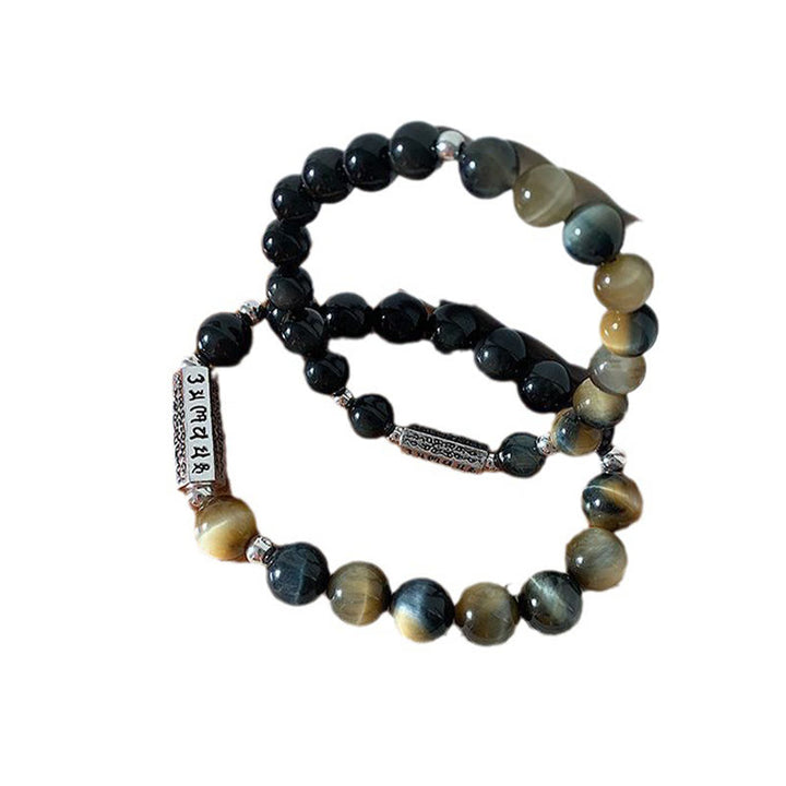 Buddha Stones Natural Black Obsidian Tiger's Eye Six True Words 'om Mani Padme Hum' Strength Love Bracelet