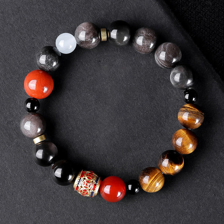 Buddha Stones Natural Silver Sheen Obsidian Tiger's Eye Six True Words 'om Mani Padme Hum'  Strength Bracelet