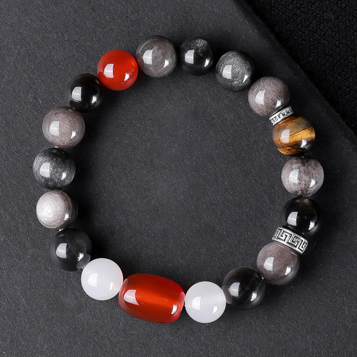 Buddha Stones Natural Silver Sheen Obsidian Tiger's Eye Six True Words 'om Mani Padme Hum'  Strength Bracelet