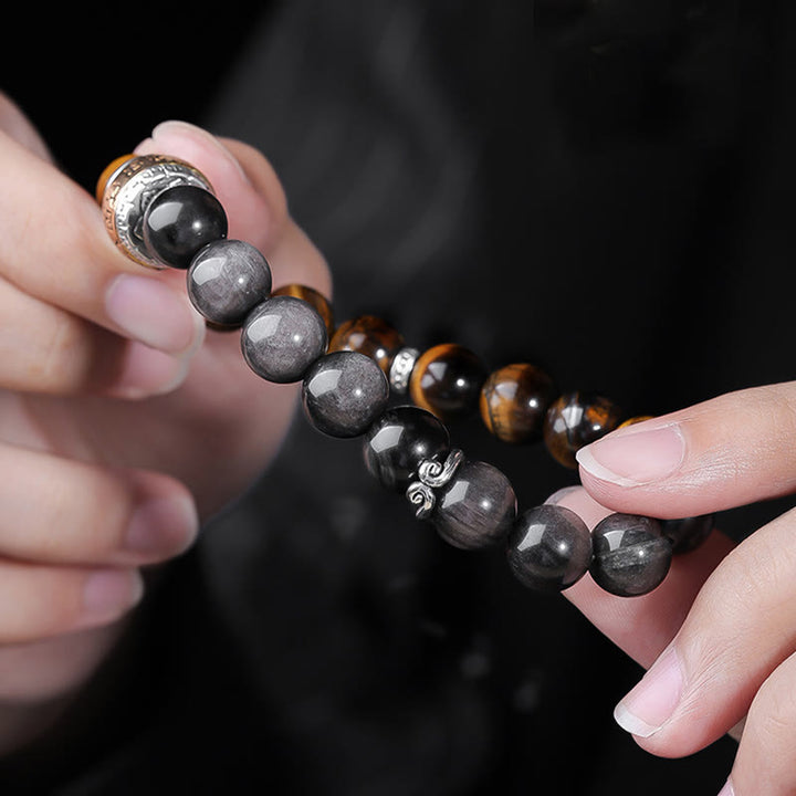 Buddha Stones Natural Silver Sheen Obsidian Tiger's Eye Six True Words 'om Mani Padme Hum'  Strength Bracelet