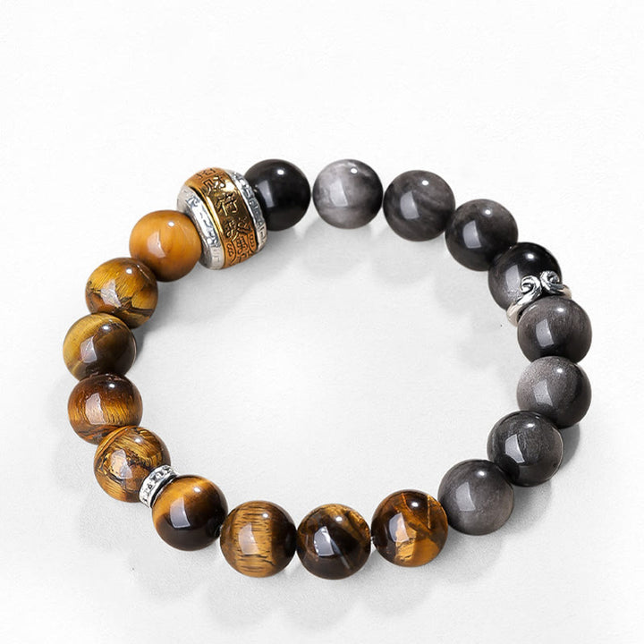 Buddha Stones Natural Silver Sheen Obsidian Tiger's Eye Six True Words 'om Mani Padme Hum'  Strength Bracelet