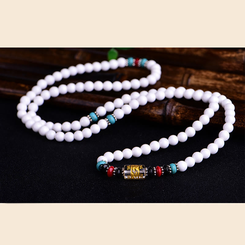 Buddha Stones 108 Mala Beads White Porcelain Six True Words 'Om Mani Padme Hum' Patience Bracelet