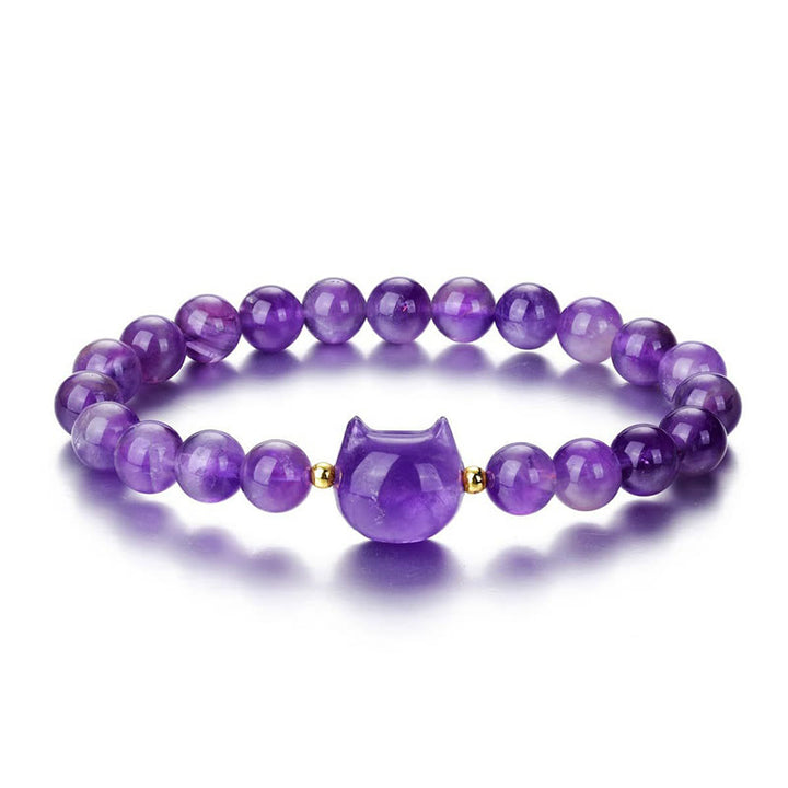 Buddha Stones Amethyst Green Aventurine Rose Quartz Fluorite Cat Head Balance Luck Bracelet