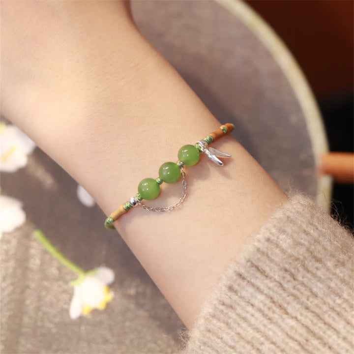 Buddha Stones 925 Sterling Silver Bamboo Leaves Hetian Jade Chalcedony Beads Blessing Braided Bracelet