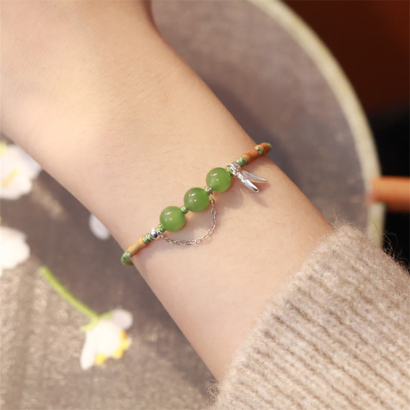 Buddha Stones 925 Sterling Silver Bamboo Leaves Hetian Jade Chalcedony Beads Blessing Braided Bracelet - Hetian Jade(Wrist Circumference: 16-17cm) - image 1