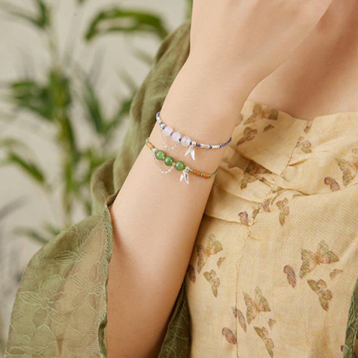 Buddha Stones 925 Sterling Silver Bamboo Leaves Hetian Jade Chalcedony Beads Blessing Braided Bracelet - image 9