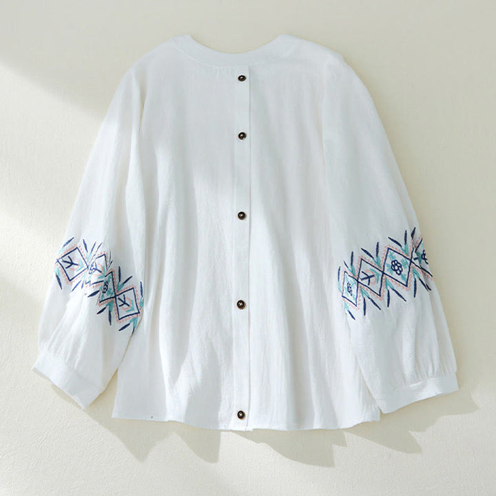 Buddha Stones Geometry Embroidery Long Sleeve Button Cotton Linen Women's Shirts - White - US12，UK/AU16，EU44 (3XL) - image 9