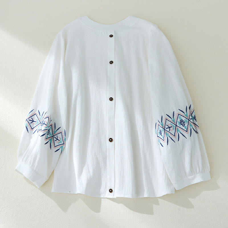 Buddha Stones Geometry Embroidery Long Sleeve Button Cotton Linen Women's Shirts