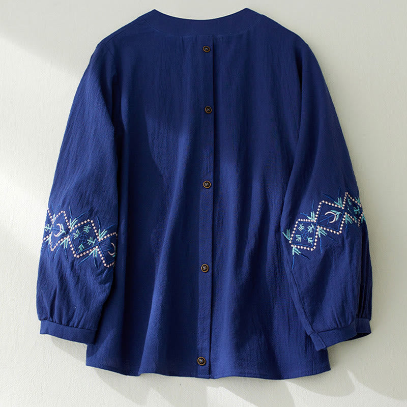 Buddha Stones Geometry Embroidery Long Sleeve Button Cotton Linen Women's Shirts - image 17