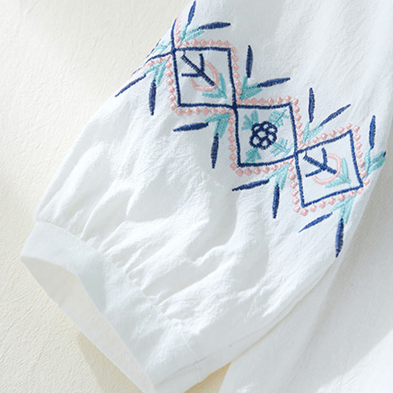 Buddha Stones Geometry Embroidery Long Sleeve Button Cotton Linen Women's Shirts - image 13