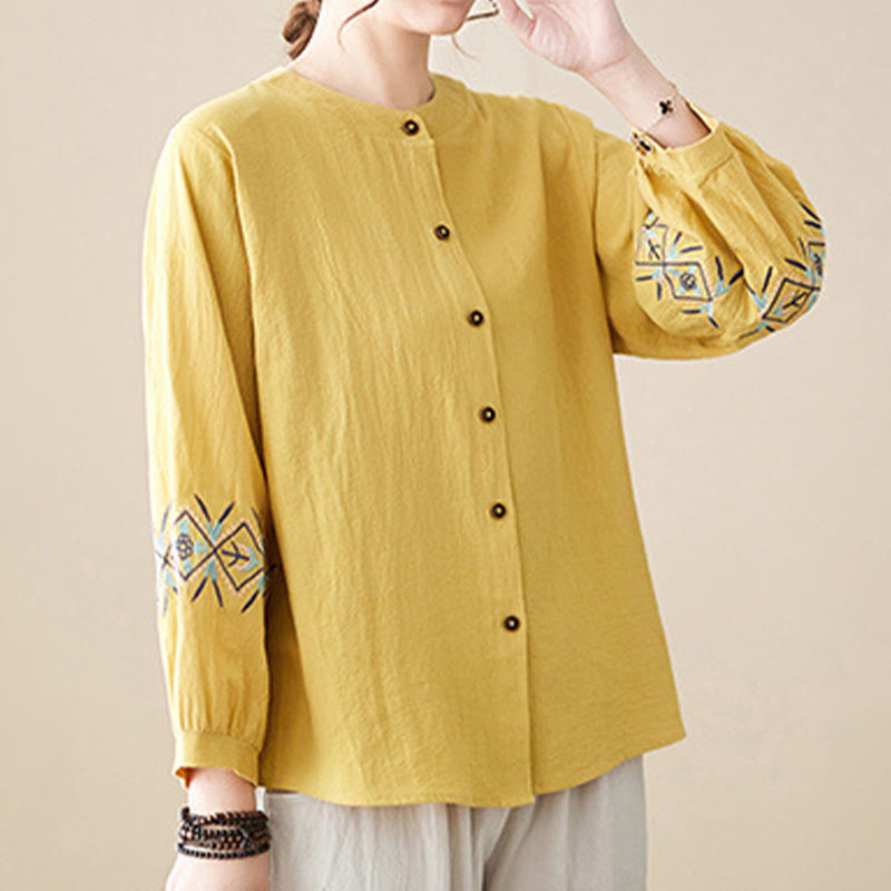 Buddha Stones Geometry Embroidery Long Sleeve Button Cotton Linen Women's Shirts - image 4