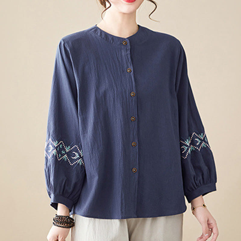 Buddha Stones Geometry Embroidery Long Sleeve Button Cotton Linen Women's Shirts - image 16