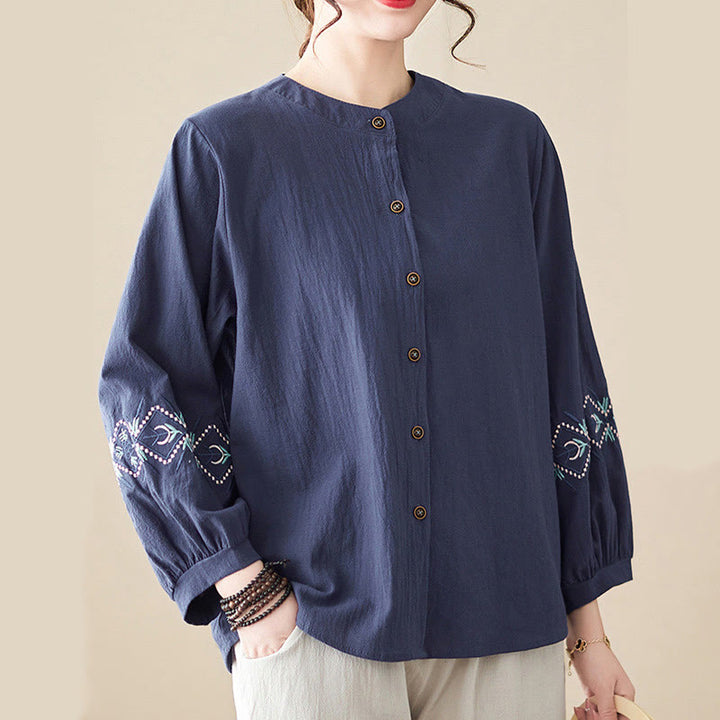Buddha Stones Geometry Embroidery Long Sleeve Button Cotton Linen Women's Shirts - image 15