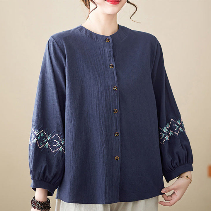 Buddha Stones Geometry Embroidery Long Sleeve Button Cotton Linen Women's Shirts