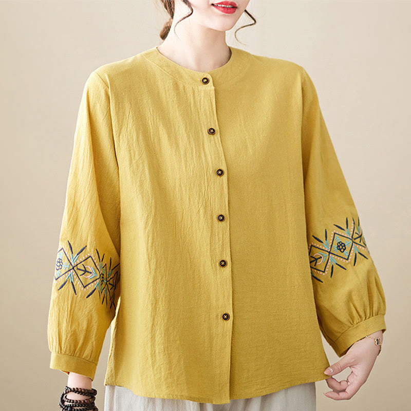 Buddha Stones Geometry Embroidery Long Sleeve Button Cotton Linen Women's Shirts - Yellow - US12，UK/AU16，EU44 (3XL) - image 0