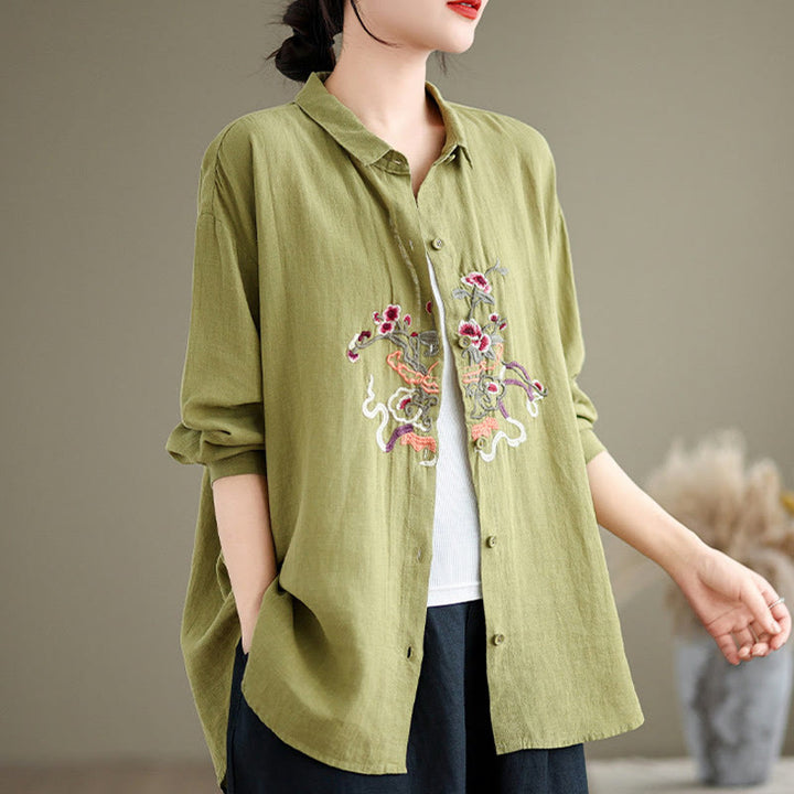 Buddha Stones Flower Embroidery Long Sleeve Cotton Linen Women's Shirts