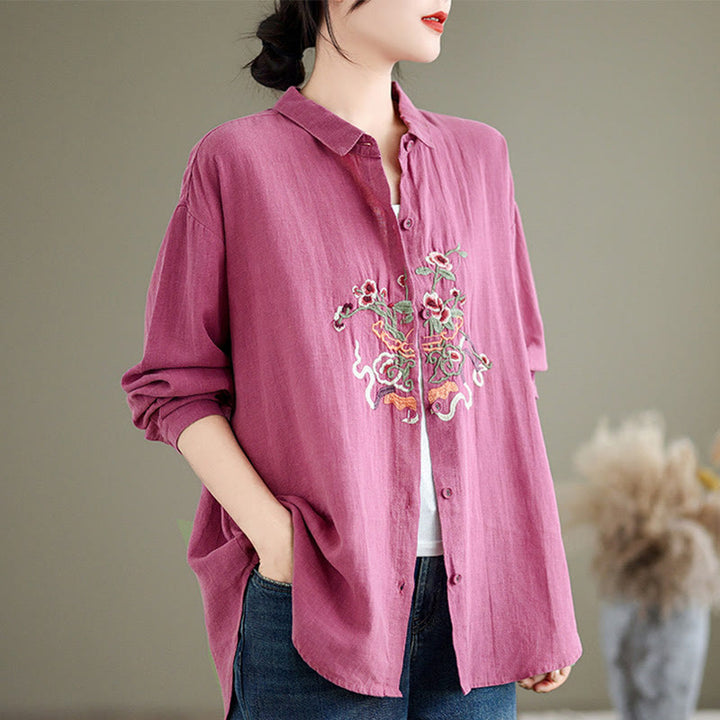 Buddha Stones Flower Embroidery Long Sleeve Cotton Linen Women's Shirts