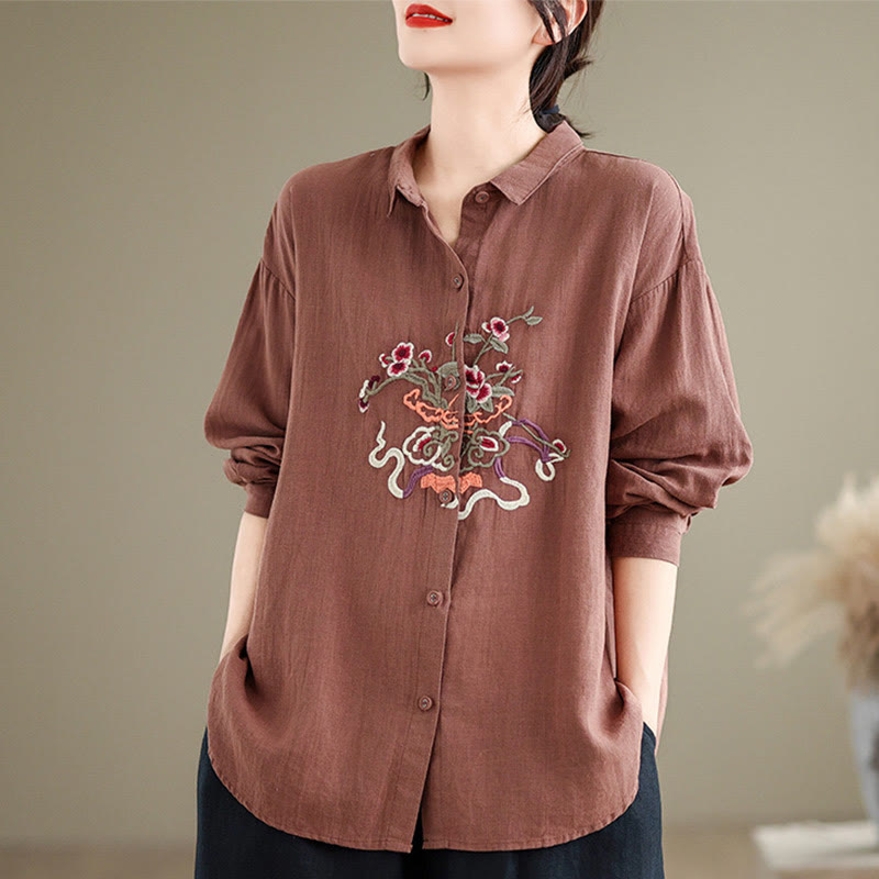 Buddha Stones Flower Embroidery Long Sleeve Cotton Linen Women's Shirts