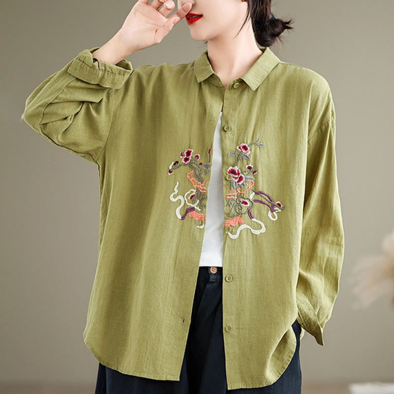 Buddha Stones Flower Embroidery Long Sleeve Cotton Linen Women's Shirts