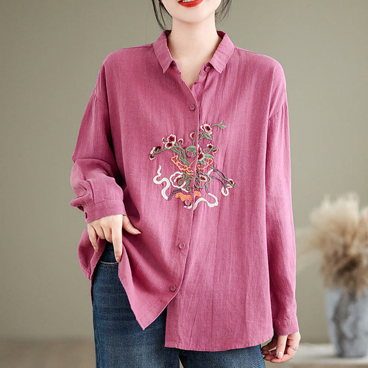 Buddha Stones Flower Embroidery Long Sleeve Cotton Linen Women's Shirts