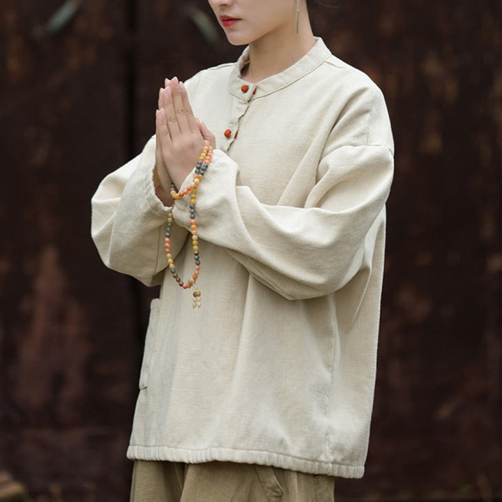 Buddha Stones Retro Solid Color Thermal Long Sleeve Ramie Linen Women's Shirt - image 3