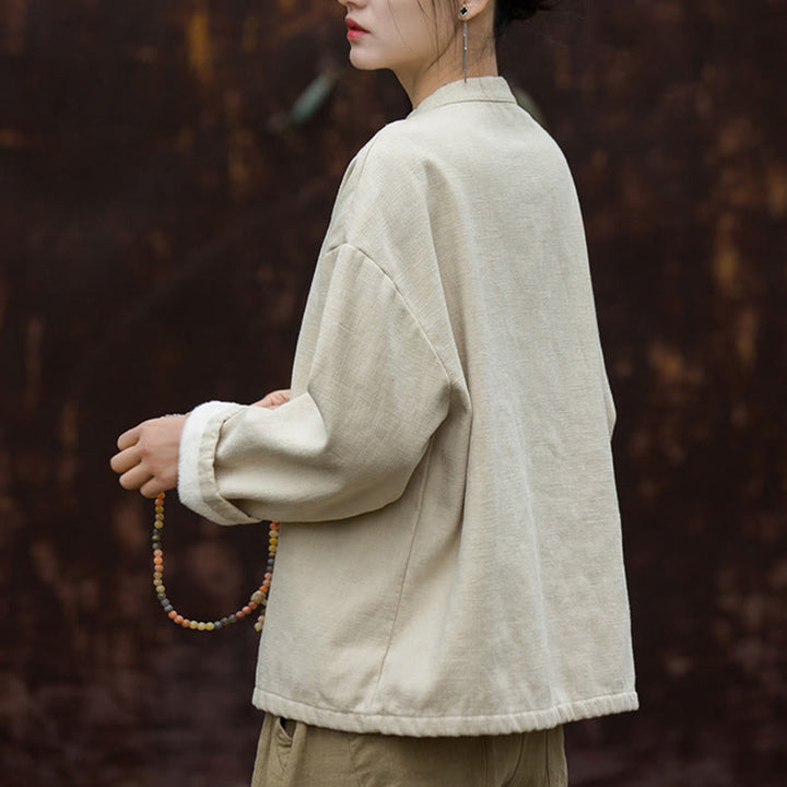 Buddha Stones Retro Solid Color Thermal Long Sleeve Ramie Linen Women's Shirt - image 4