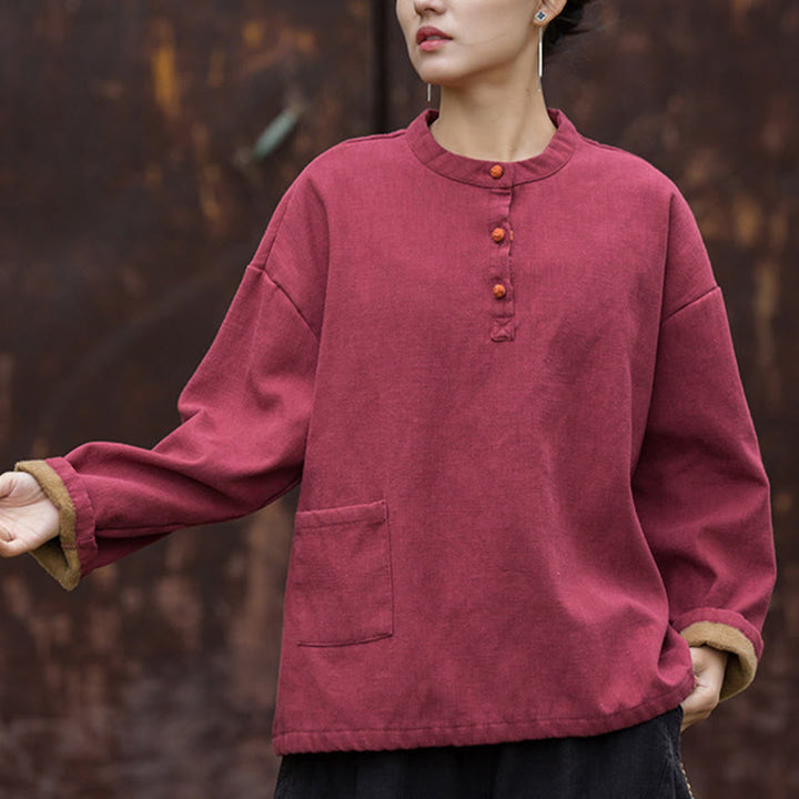 Buddha Stones Retro Solid Color Thermal Long Sleeve Ramie Linen Women's Shirt - image 19