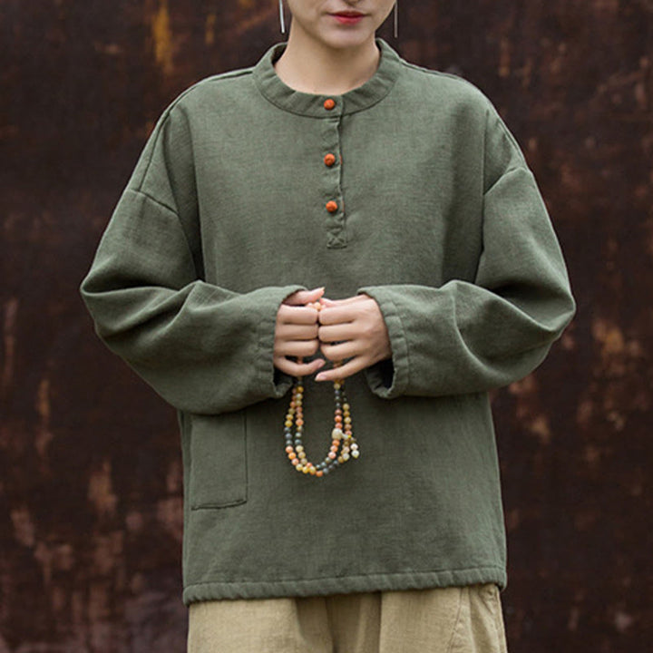 Buddha Stones Retro Solid Color Thermal Long Sleeve Ramie Linen Women's Shirt - image 10