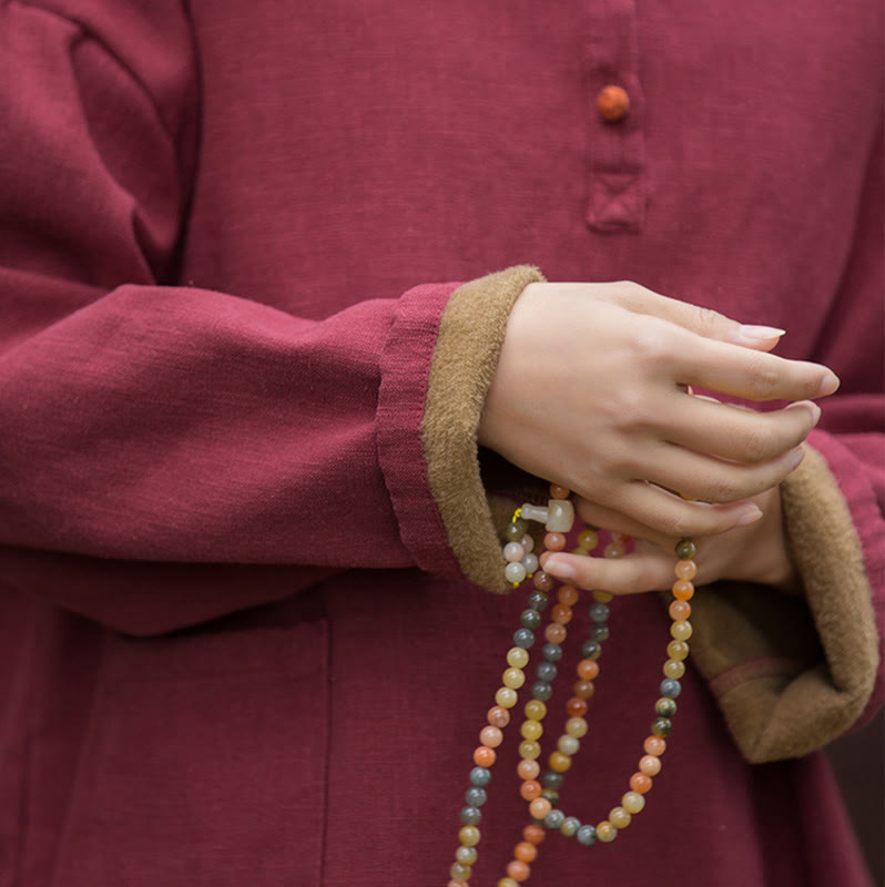 Buddha Stones Retro Solid Color Thermal Long Sleeve Ramie Linen Women's Shirt - image 24