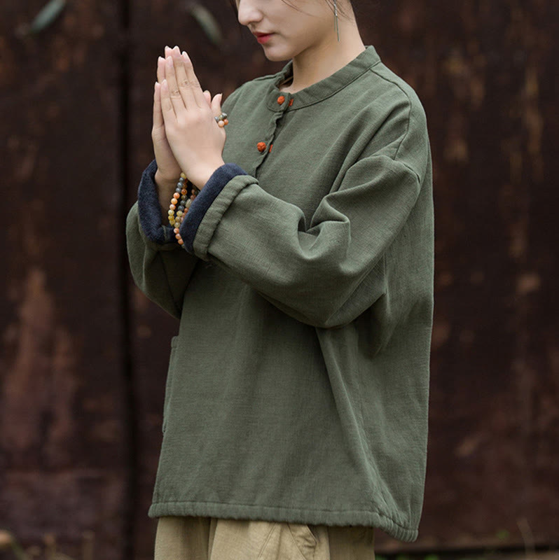 Buddha Stones Retro Solid Color Thermal Long Sleeve Ramie Linen Women's Shirt - image 12