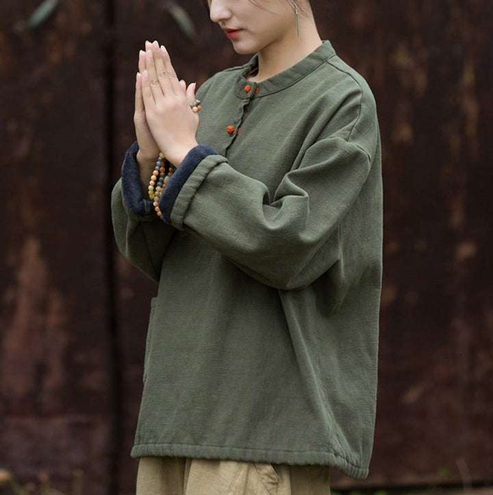 Buddha Stones Retro Solid Color Thermal Long Sleeve Ramie Linen Women's Shirt - image 12