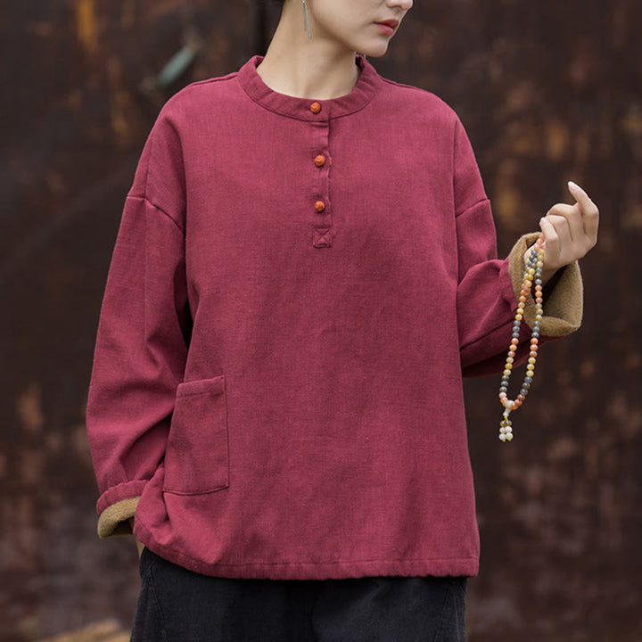 Buddha Stones Retro Solid Color Thermal Long Sleeve Ramie Linen Women's Shirt - image 21