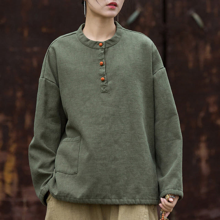 Buddha Stones Retro Solid Color Thermal Long Sleeve Ramie Linen Women's Shirt - image 13