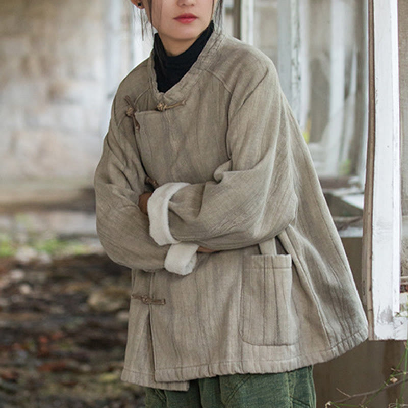 Buddha Stones Solid Color Frog-button Thermal Long Sleeve Ramie Linen Women's Shirt - image 7