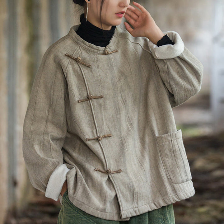 Buddha Stones Solid Color Frog-button Thermal Long Sleeve Ramie Linen Women's Shirt - image 3