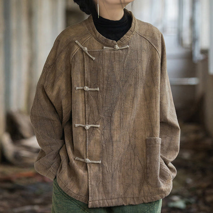 Buddha Stones Solid Color Frog-button Thermal Long Sleeve Ramie Linen Women's Shirt - Peru - US4-12，UK/AU8-16，EU36-44 (F) - image 10