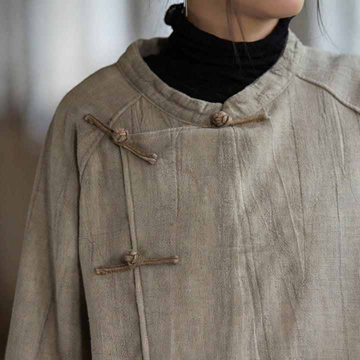 Buddha Stones Solid Color Frog-button Thermal Long Sleeve Ramie Linen Women's Shirt - image 8