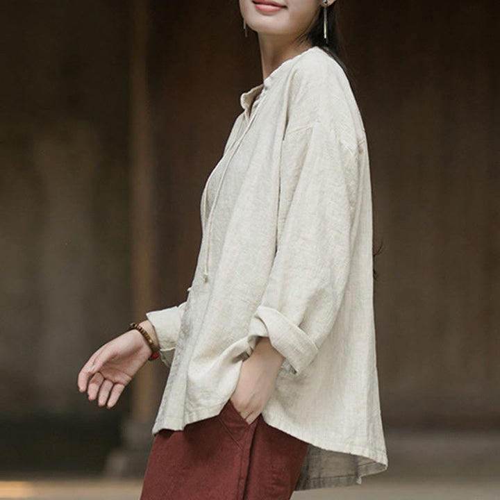 Buddha Stones Retro Solid Color Long Sleeve Ramie Linen Women's Shirt