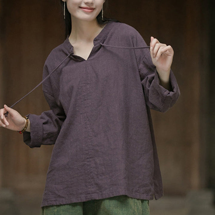 Buddha Stones Retro Solid Color Long Sleeve Ramie Linen Women's Shirt