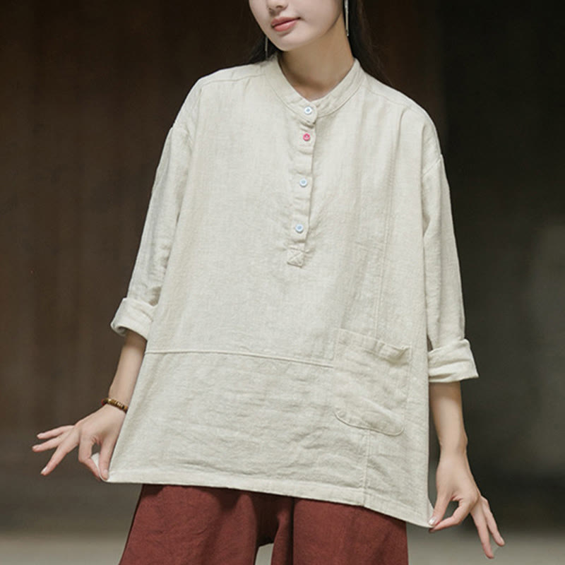 Buddha Stones Solid Color Long Sleeve Ramie Linen Half Button Women's Shirt