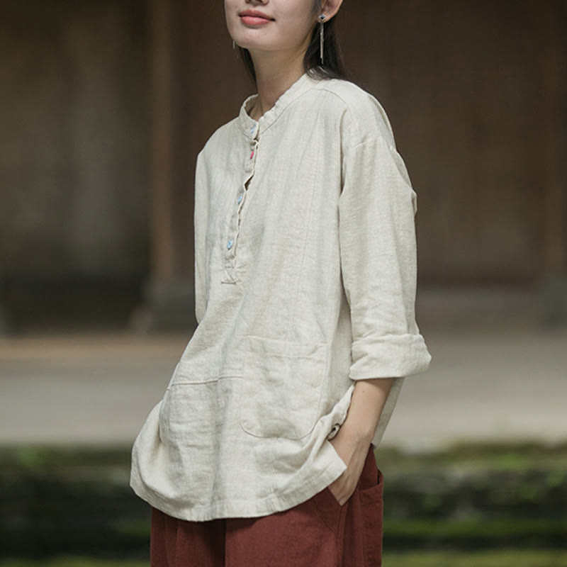 Buddha Stones Solid Color Long Sleeve Ramie Linen Half Button Women's Shirt