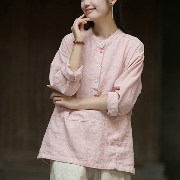 Buddha Stones Solid Color Long Sleeve Ramie Linen Half Button Women's Shirt