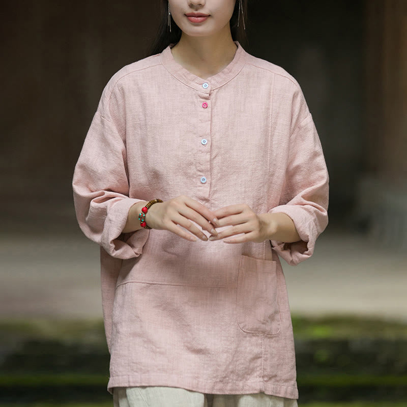 Buddha Stones Solid Color Long Sleeve Ramie Linen Half Button Women's Shirt