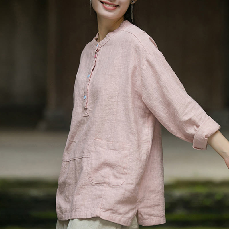 Buddha Stones Solid Color Long Sleeve Ramie Linen Half Button Women's Shirt